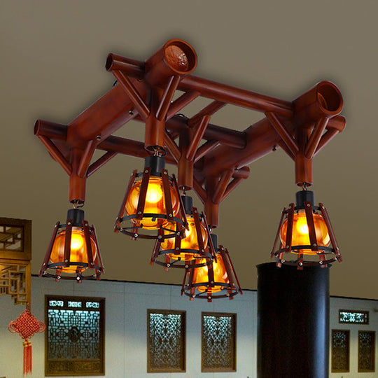 Semi Flush Mount Conical Cage Wood Ceiling Light Fixture - 5 Heads, Country Style, in Brown