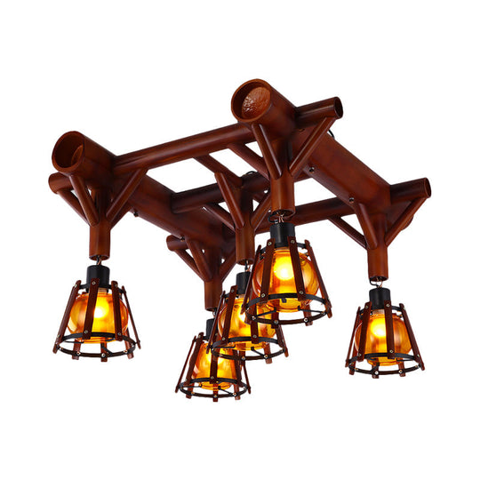 Semi Flush Mount Conical Cage Wood Ceiling Light Fixture - 5 Heads, Country Style, in Brown