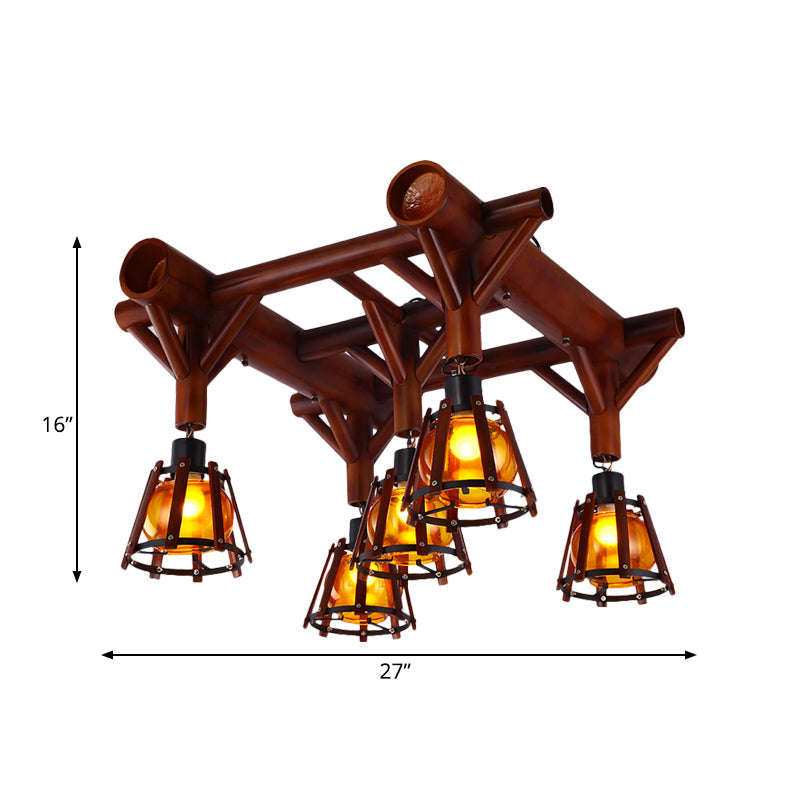 Semi Flush Mount Conical Cage Wood Ceiling Light Fixture - 5 Heads, Country Style, in Brown