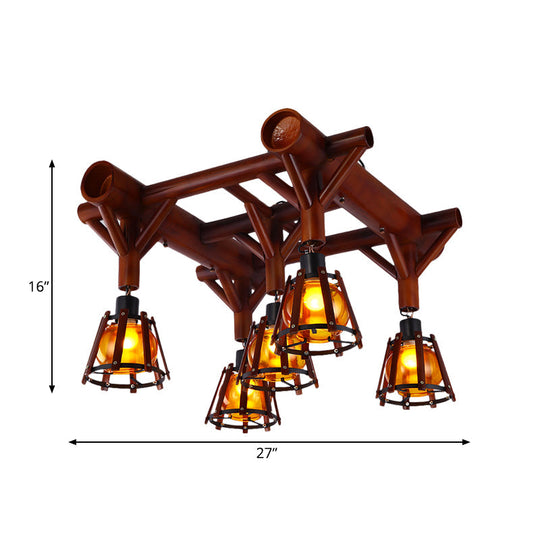 Semi Flush Mount Conical Cage Wood Ceiling Light Fixture - 5 Heads, Country Style, in Brown