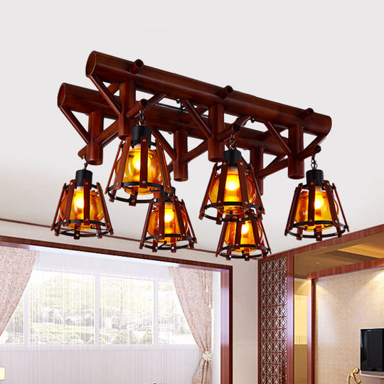 Rustic 6-Light Semi Flush Ceiling Lighting with Bamboo Shade - Perfect for Dining Room, Brown