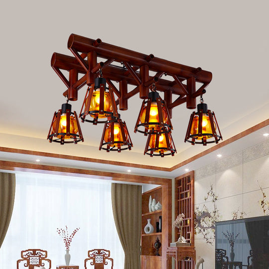 Rustic 6-Light Semi Flush Ceiling Lighting with Bamboo Shade - Perfect for Dining Room, Brown