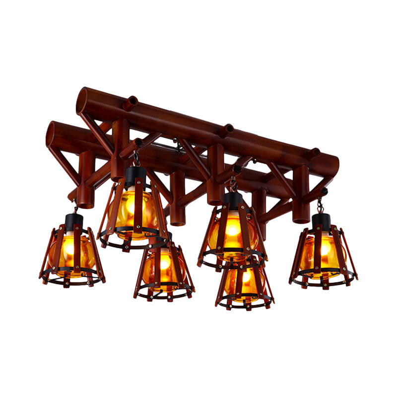 Rustic 6-Light Semi Flush Ceiling Lighting with Bamboo Shade - Perfect for Dining Room, Brown