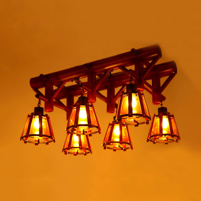 Rustic 6-Light Semi Flush Ceiling Lighting with Bamboo Shade - Perfect for Dining Room, Brown