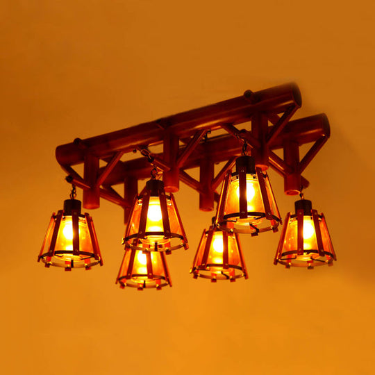 Rustic 6-Light Semi Flush Ceiling Lighting With Bamboo Shade - Perfect For Dining Room Brown