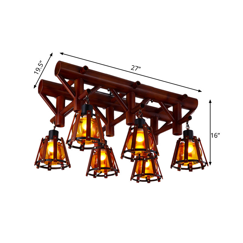 Rustic 6-Light Semi Flush Ceiling Lighting with Bamboo Shade - Perfect for Dining Room, Brown