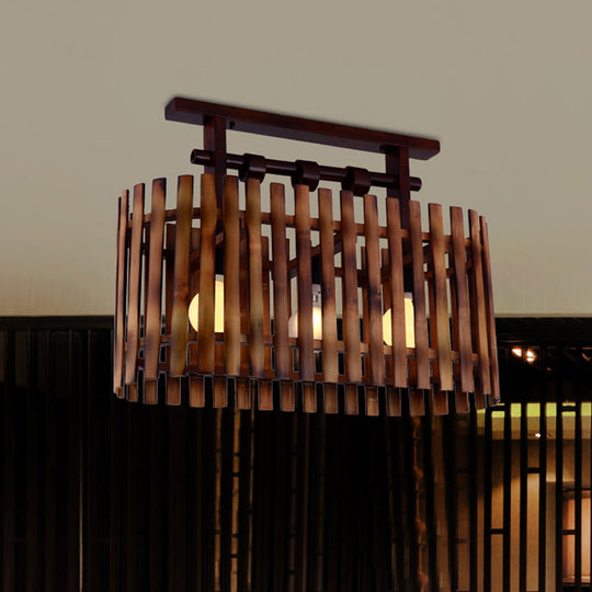 Bamboo Semi-Flush Mount Ceiling Lamp: Oval/Cylinder Cage, Country Style, Brown with Wood Canopy