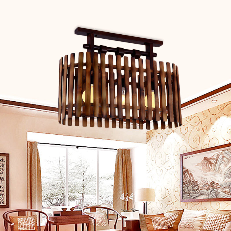 Bamboo Semi-Flush Mount Ceiling Lamp: Oval/Cylinder Cage, Country Style, Brown with Wood Canopy