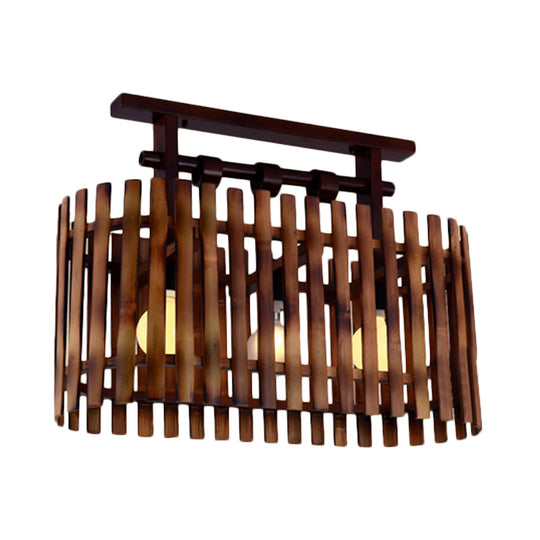 Bamboo Semi-Flush Mount Ceiling Lamp: Oval/Cylinder Cage, Country Style, Brown with Wood Canopy