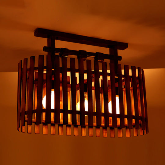 Bamboo Semi-Flush Mount Ceiling Lamp: Oval/Cylinder Cage, Country Style, Brown with Wood Canopy