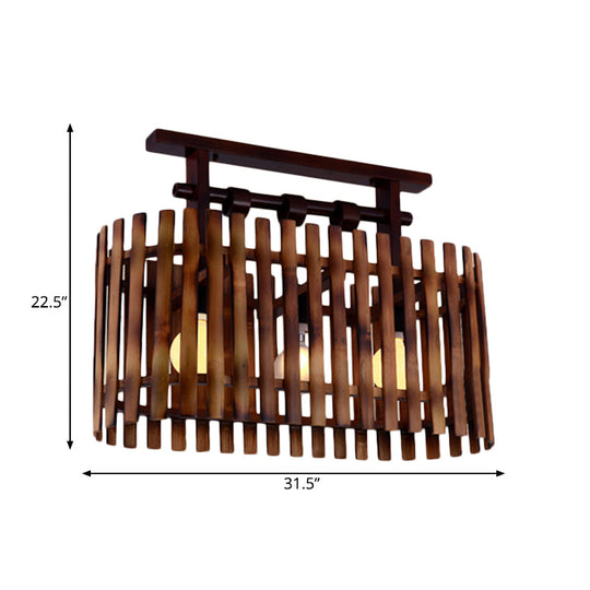 Bamboo Semi-Flush Mount Ceiling Lamp: Oval/Cylinder Cage, Country Style, Brown with Wood Canopy