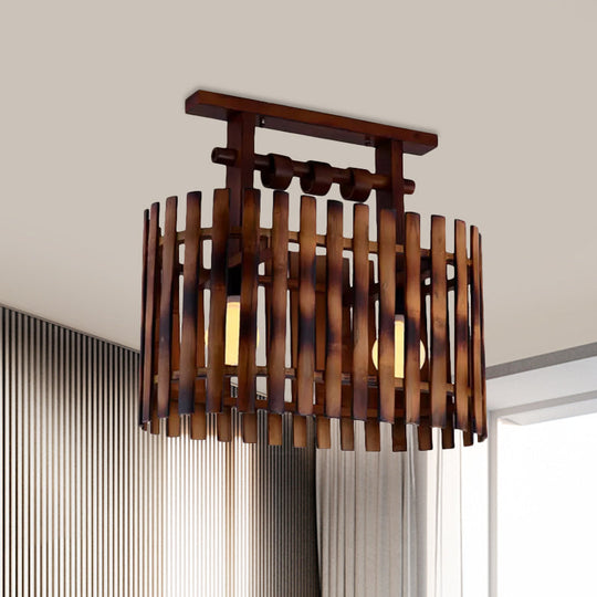 Bamboo Semi-Flush Mount Ceiling Lamp: Oval/Cylinder Cage, Country Style, Brown with Wood Canopy