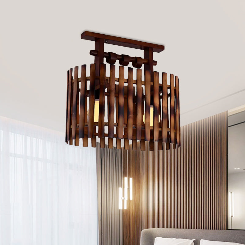 Bamboo Semi-Flush Mount Ceiling Lamp: Oval/Cylinder Cage, Country Style, Brown with Wood Canopy