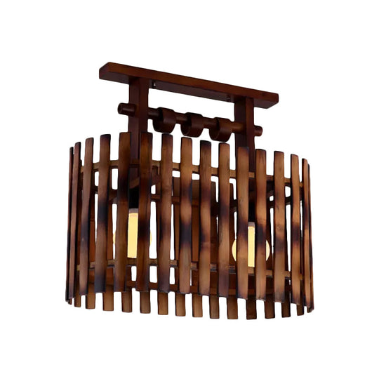 Bamboo Semi-Flush Mount Ceiling Lamp: Oval/Cylinder Cage, Country Style, Brown with Wood Canopy