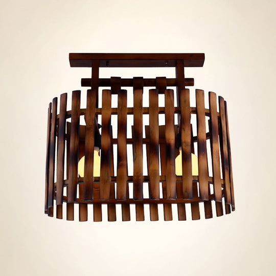 Bamboo Semi-Flush Mount Ceiling Lamp: Oval/Cylinder Cage, Country Style, Brown with Wood Canopy