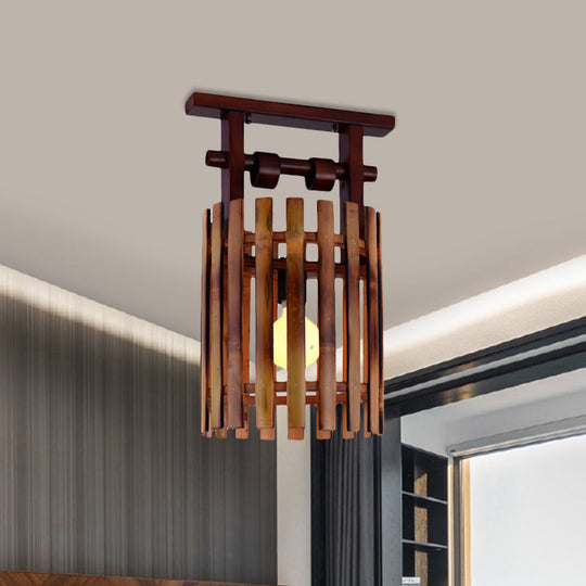 Bamboo Semi-Flush Mount Ceiling Lamp: Oval/Cylinder Cage, Country Style, Brown with Wood Canopy