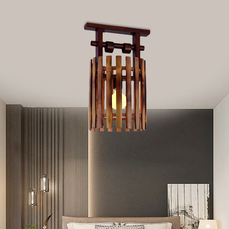 Bamboo Semi-Flush Mount Ceiling Lamp: Oval/Cylinder Cage, Country Style, Brown with Wood Canopy