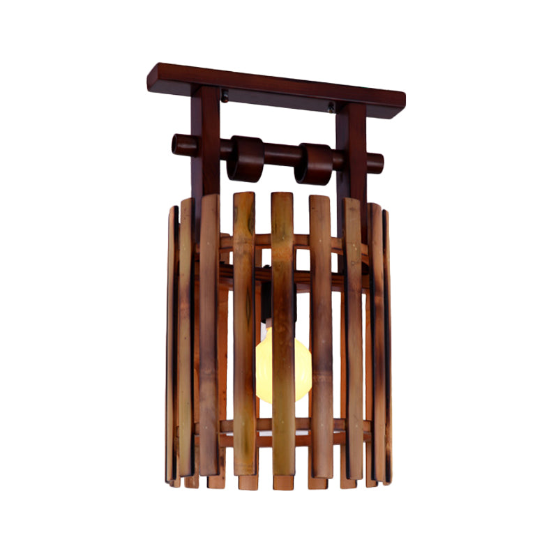 Bamboo Semi-Flush Mount Ceiling Lamp: Oval/Cylinder Cage, Country Style, Brown with Wood Canopy