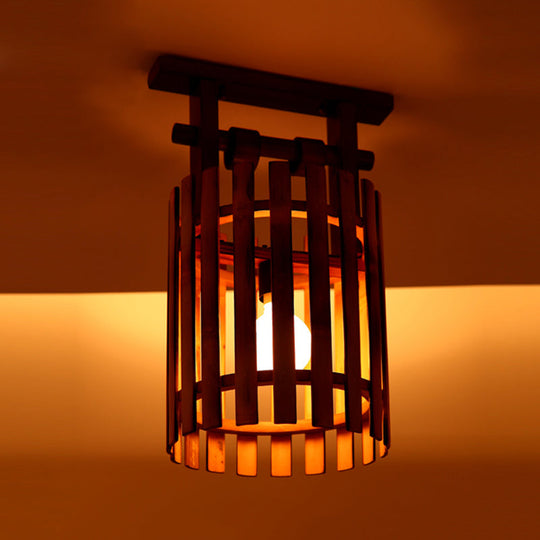 Bamboo Semi-Flush Mount Ceiling Lamp: Oval/Cylinder Cage, Country Style, Brown with Wood Canopy