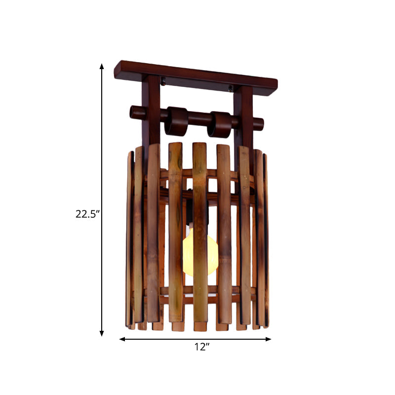 Bamboo Semi-Flush Mount Ceiling Lamp: Oval/Cylinder Cage, Country Style, Brown with Wood Canopy