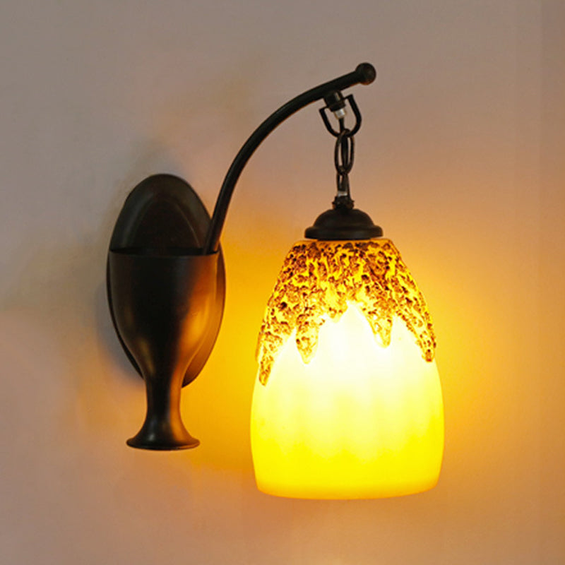 1-Head Wall Hanging Light: Countryside Elongated Dome Sconce In Black With Curved Arm