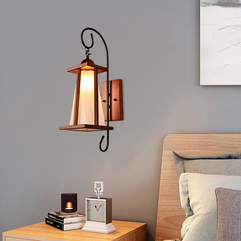 Rustic Frosted Glass Wall Light With Wood Frame - Trapezoid Bedroom Lighting