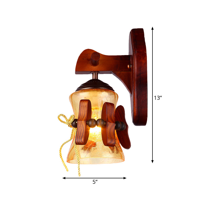 Rustic Water Glass Wall Sconce With Wood Backplate And Flared Design