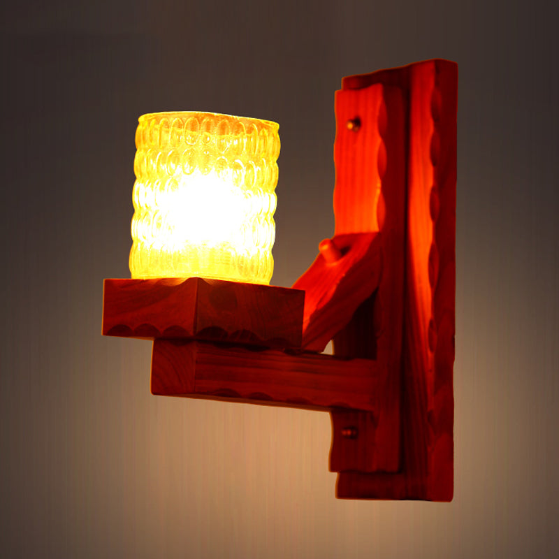 Traditional Red Brown Cylinder Wall Mount Lamp With Glass Dimple And Wood Arm - 1/2-Light Bedroom