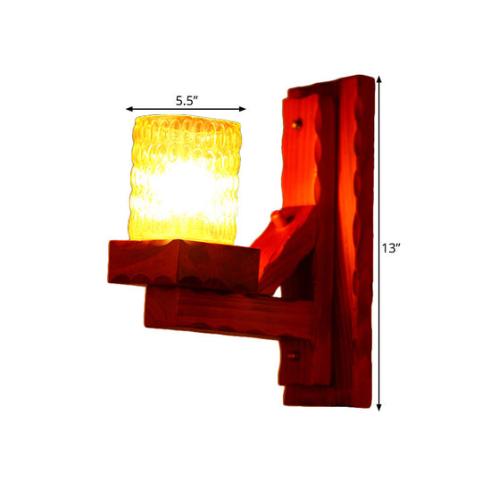 Traditional Red Brown Cylinder Wall Mount Lamp With Glass Dimple And Wood Arm - 1/2-Light Bedroom