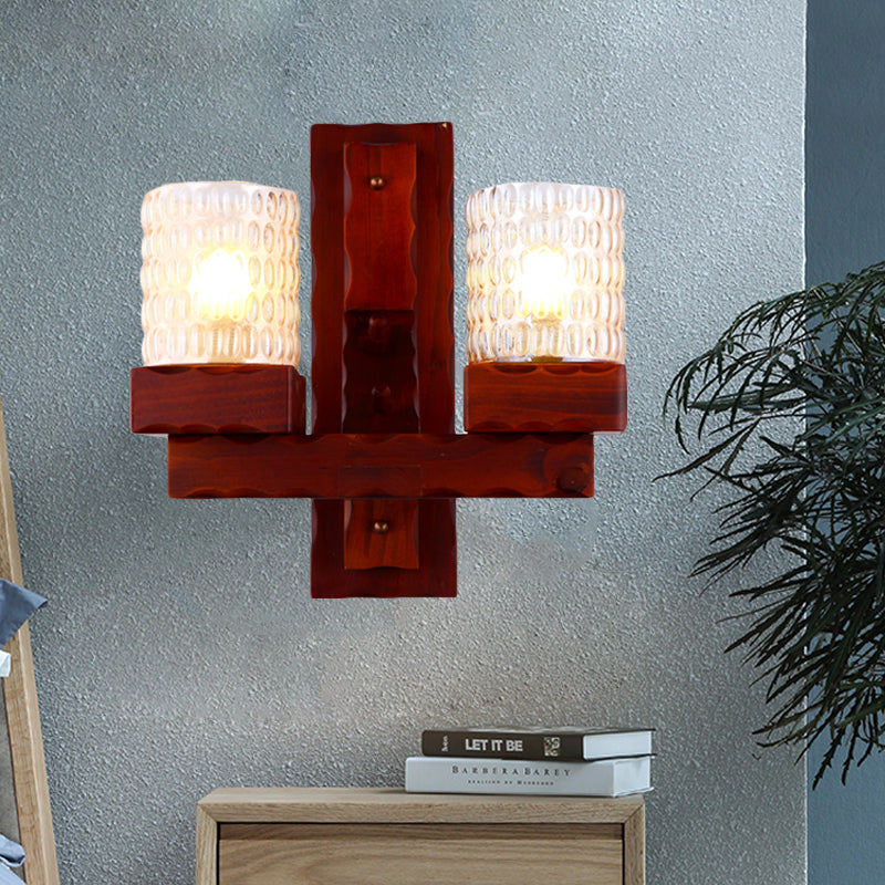 Traditional Red Brown Cylinder Wall Mount Lamp With Glass Dimple And Wood Arm - 1/2-Light Bedroom