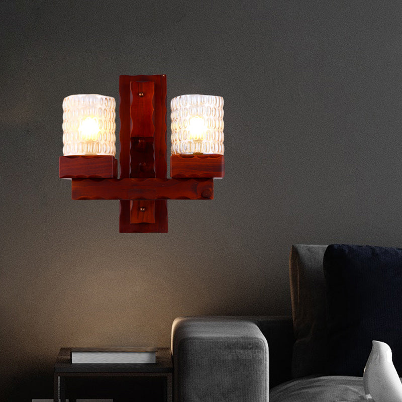 Traditional Red Brown Cylinder Wall Mount Lamp With Glass Dimple And Wood Arm - 1/2-Light Bedroom