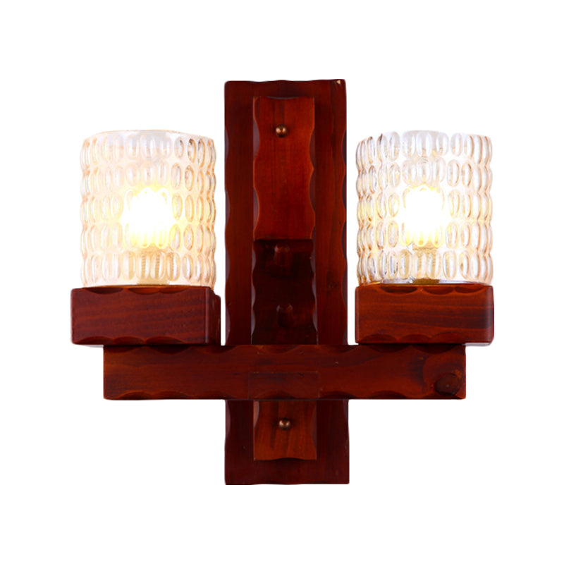 Traditional Red Brown Cylinder Wall Mount Lamp With Glass Dimple And Wood Arm - 1/2-Light Bedroom