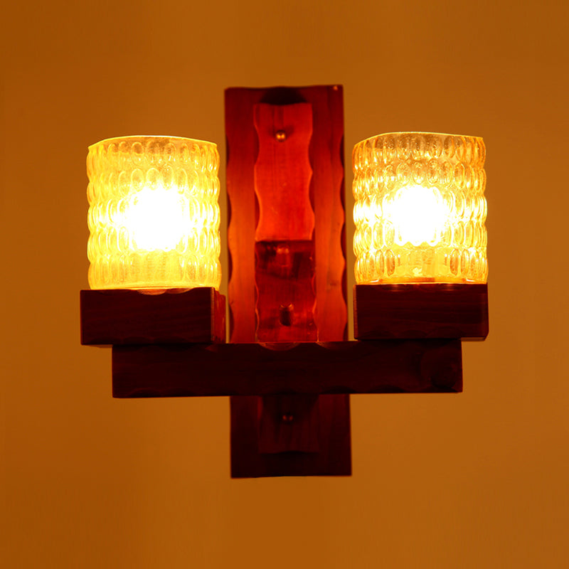 Traditional Red Brown Cylinder Wall Mount Lamp With Glass Dimple And Wood Arm - 1/2-Light Bedroom