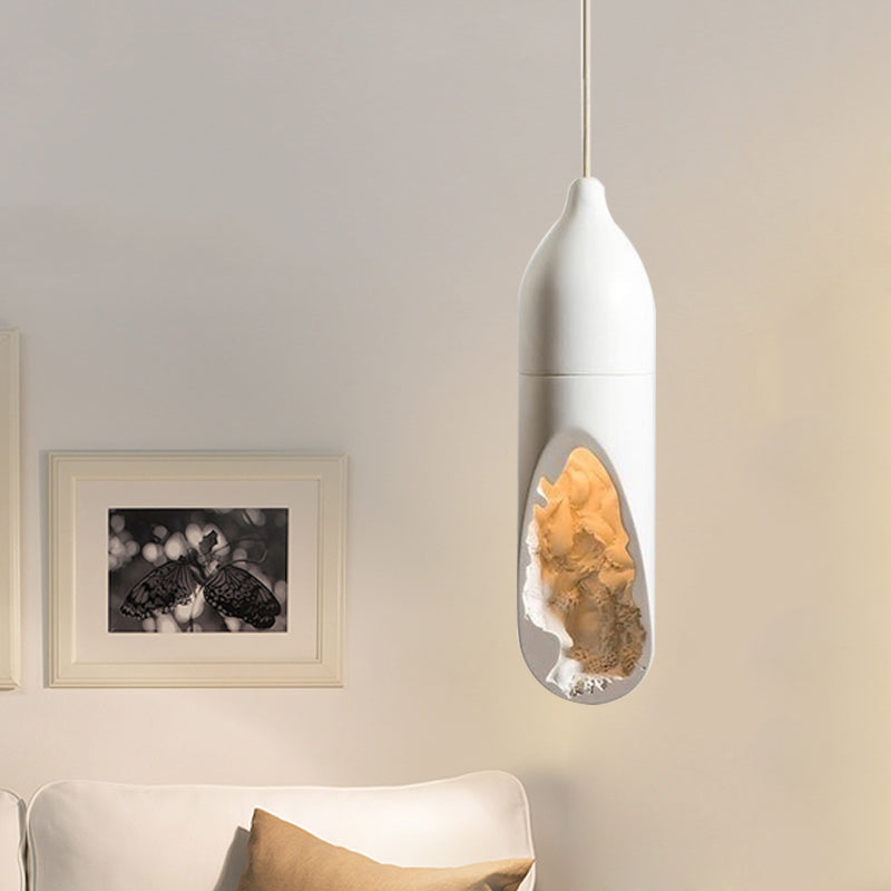 Resin Farmhouse Pendant Light With Hollow-Out Design In White - Pill-Shaped Ceiling Lamp For Dining