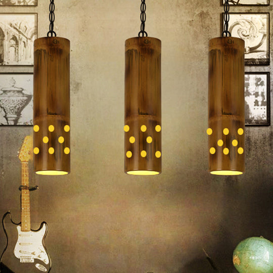 Bamboo Etched Hanging Light Kit - 1-Light Ceiling Pendant in Brown for Dining Room