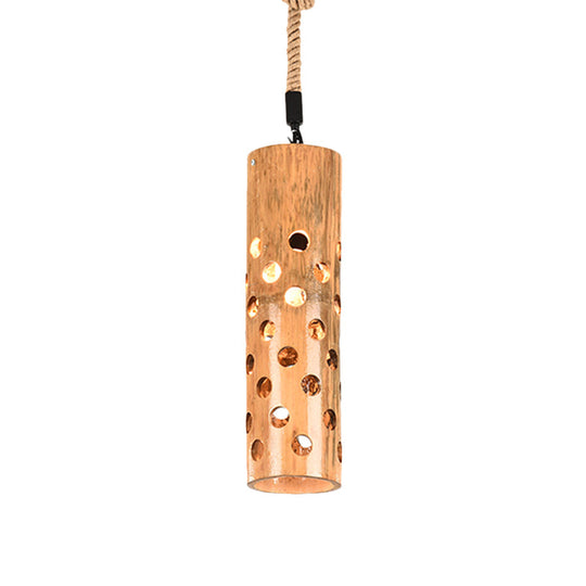 Loft Flute Bamboo Pendant Lamp - Brown Hollow-Out Design 1-Light Rope Ceiling Light