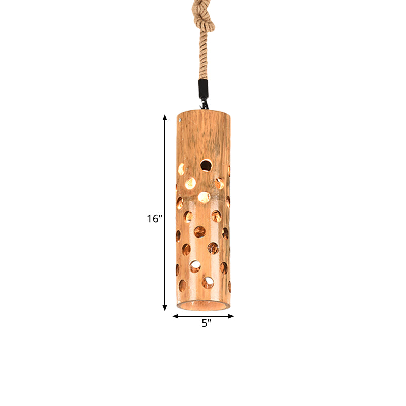 Loft Flute Bamboo Pendant Lamp - Brown Hollow-Out Design 1-Light Rope Ceiling Light