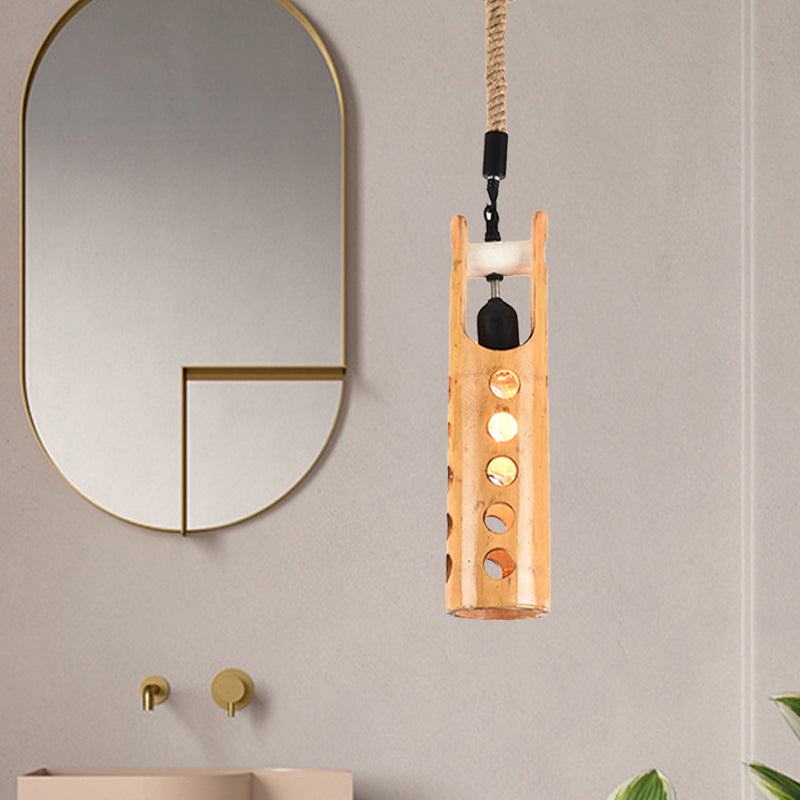 Bamboo Flute Pendant Lamp: Brown, Hollow-out Design, 1-Light Ceiling Hanging Light