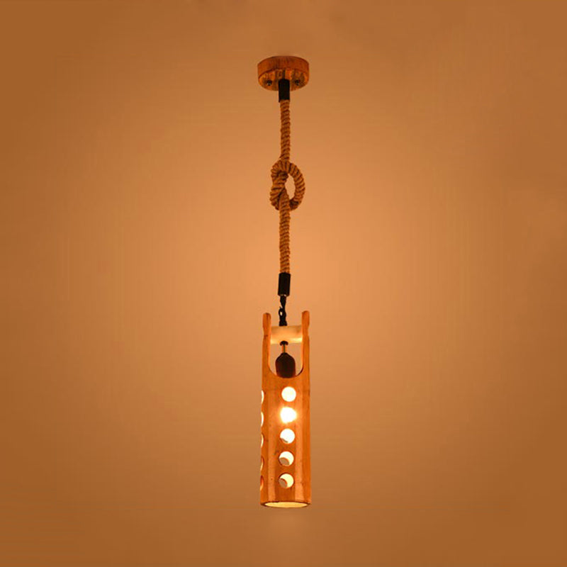 Loft Flute Bamboo Pendant Lamp - Brown Hollow-Out Design 1-Light Rope Ceiling Light