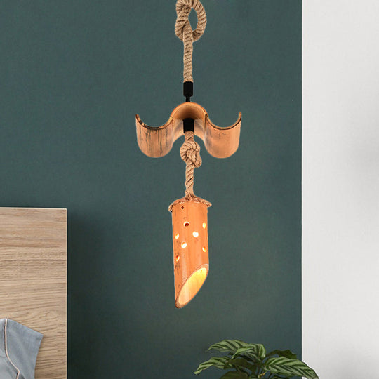 Bamboo Flute Pendant Lamp: Brown, Hollow-out Design, 1-Light Ceiling Hanging Light