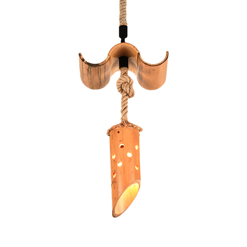 Bamboo Flute Pendant Lamp: Brown, Hollow-out Design, 1-Light Ceiling Hanging Light