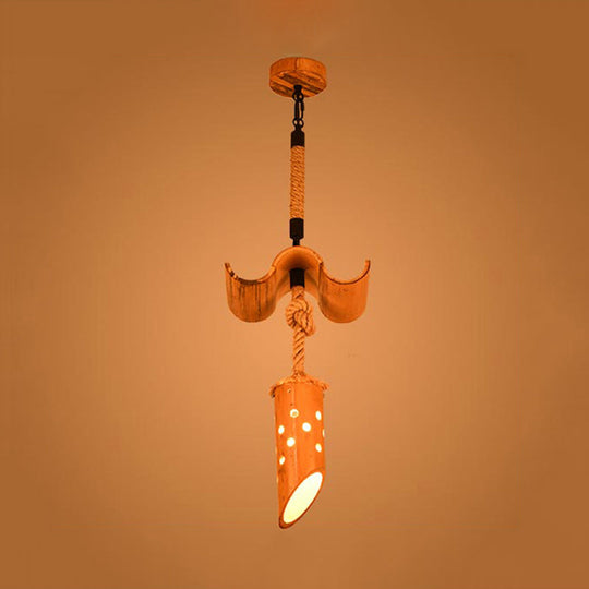 Bamboo Flute Pendant Lamp: Brown, Hollow-out Design, 1-Light Ceiling Hanging Light