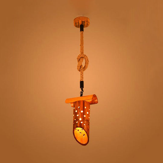 Loft Flute Bamboo Pendant Lamp - Brown Hollow-Out Design 1-Light Rope Ceiling Light