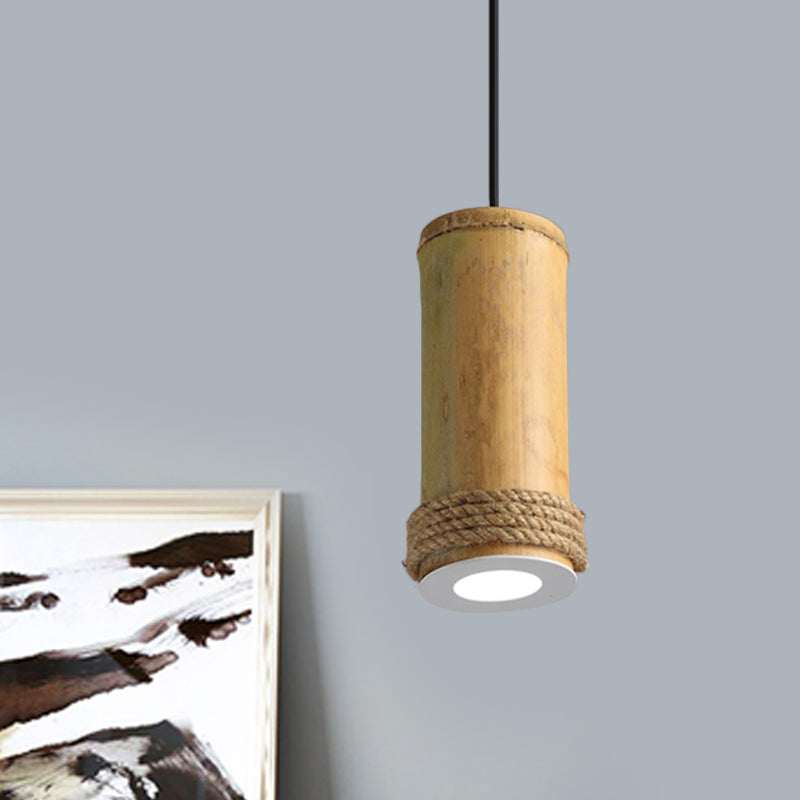 Industrial Bamboo Pendant Light With Rope Detail - Brown Hanging Fixture For Living Room