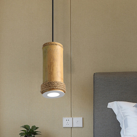 Industrial Bamboo Pendant Light With Rope Detail - Brown Hanging Fixture For Living Room