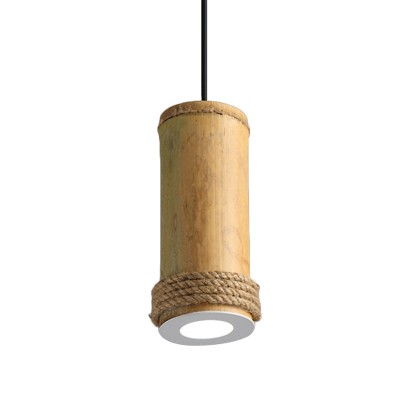 Industrial Bamboo Pendant Light With Rope Detail - Brown Hanging Fixture For Living Room