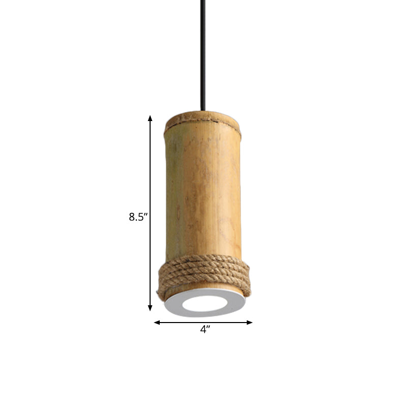 Industrial Bamboo Pendant Light With Rope Detail - Brown Hanging Fixture For Living Room