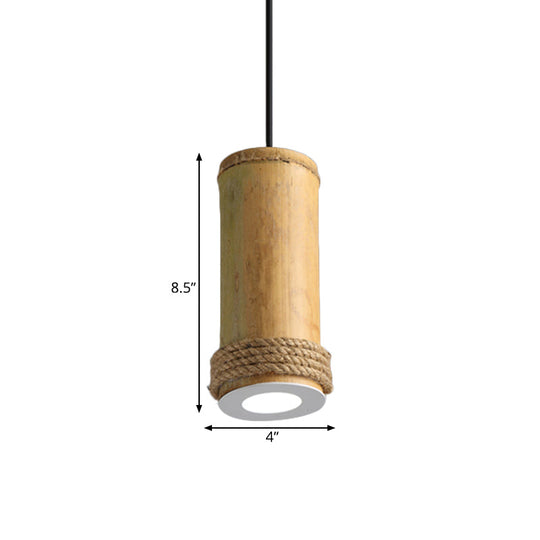 Industrial Bamboo Pendant Light With Rope Detail - Brown Hanging Fixture For Living Room