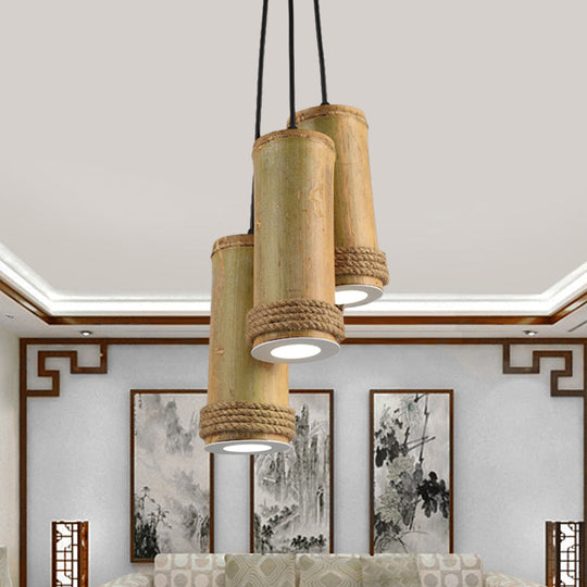 Restaurant Ceiling Fixture: Bamboo Cylinder 3-Light Cluster Pendant Light in Light Brown