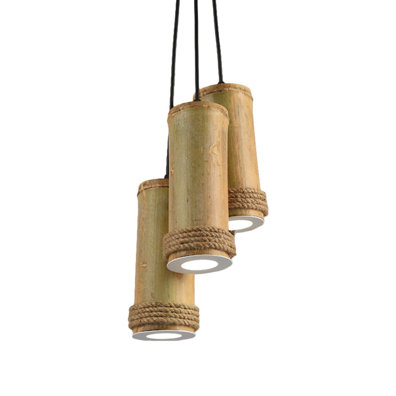 Restaurant Ceiling Fixture: Bamboo Cylinder 3-Light Cluster Pendant Light in Light Brown